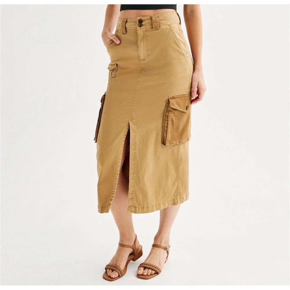 NEW SO Juniors Size XS Brown Tan Cargo Straight Madi Skirt Pockets Cotton NWT - Picture 2 of 11